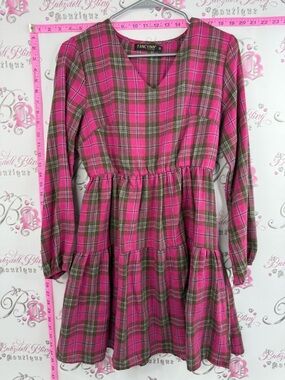 Fancyinn dress ruffle ruffles tiered frilly  Pink Plaid Tiered Mini Dress